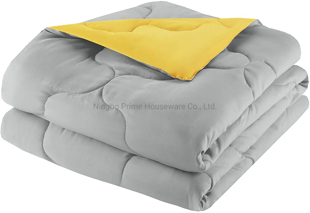 3 Piece Comforter Set All Season Reversible Goose Down Alternative Stitched Geometrical Pattern Bedding, Full/Queen, Yellow/Grey