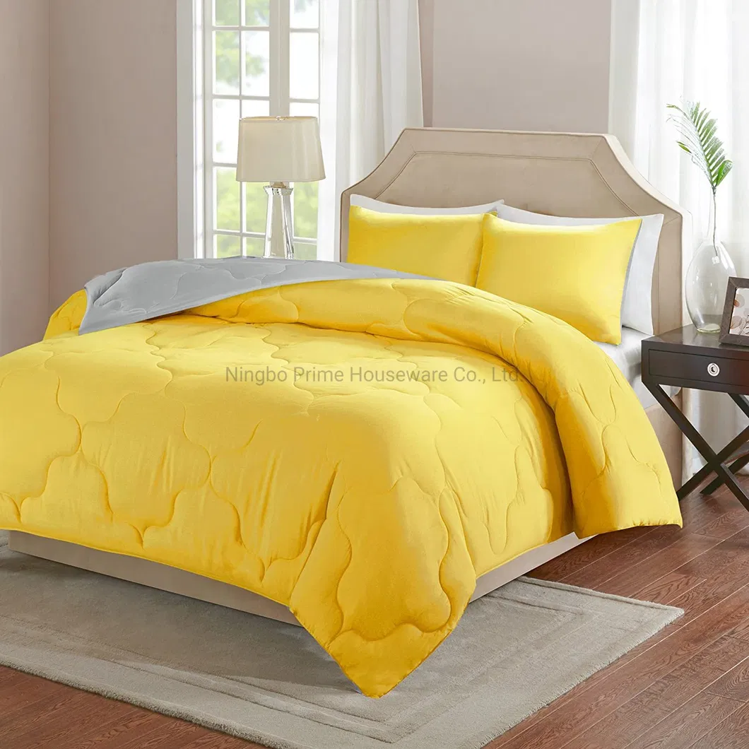 3 Piece Comforter Set All Season Reversible Goose Down Alternative Stitched Geometrical Pattern Bedding, Full/Queen, Yellow/Grey
