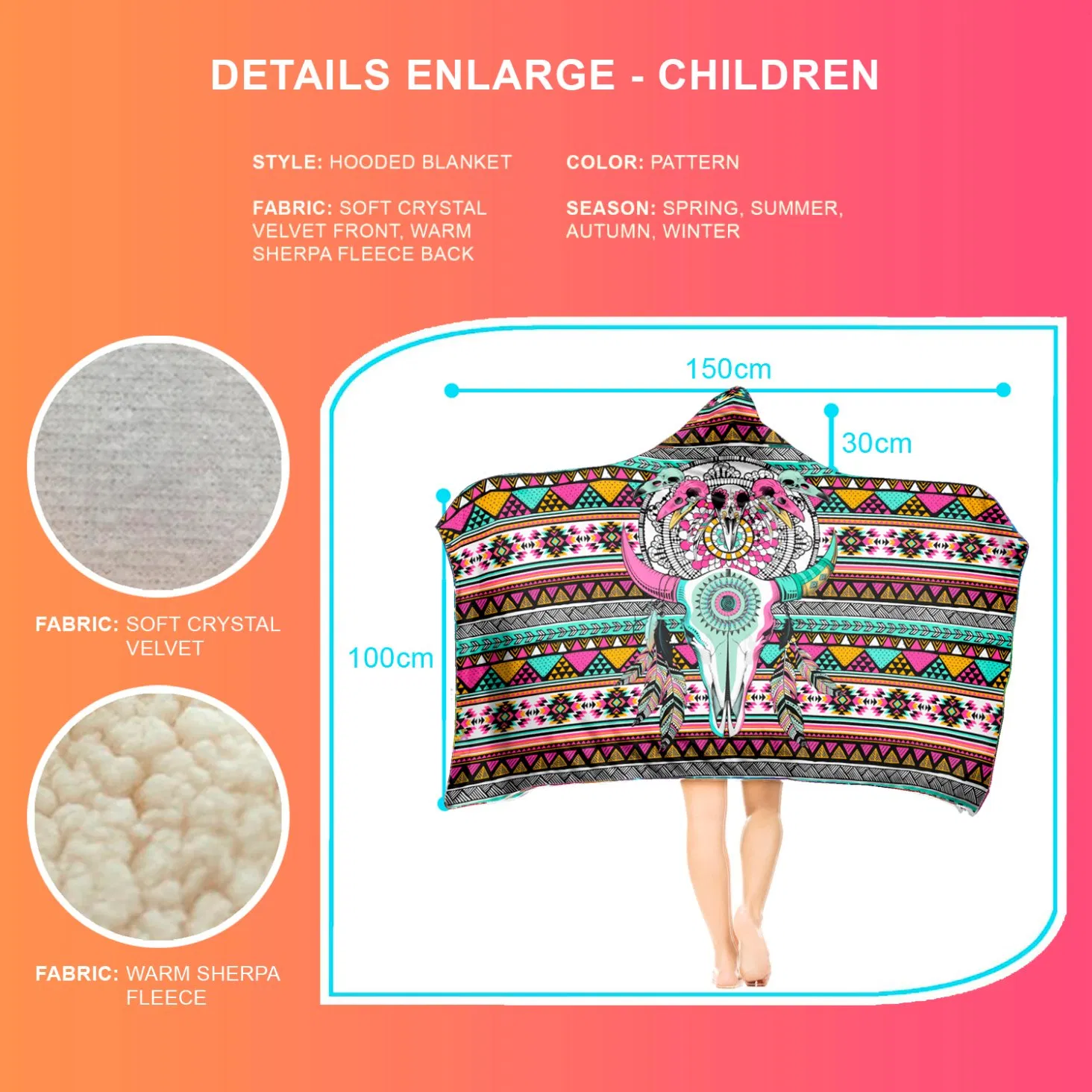 Anti-Wind Hooded Quilt with Berber Fleece Kids Bedding Printing Hoodie Blanket