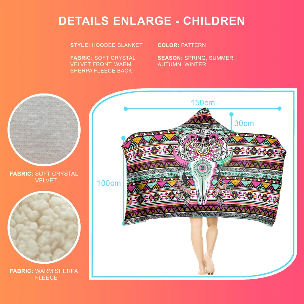 Anti-Wind Hooded Quilt with Berber Fleece Kids Bedding Printing Hoodie Blanket