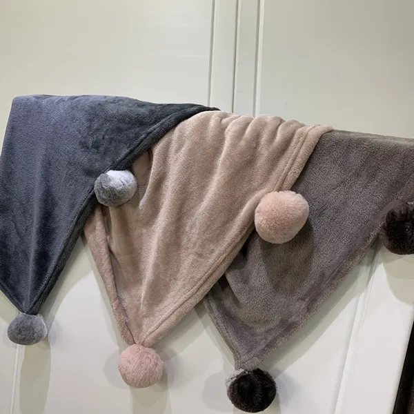 Cute Flannel Plaids with Rabbit Pompons Polyester Blankets