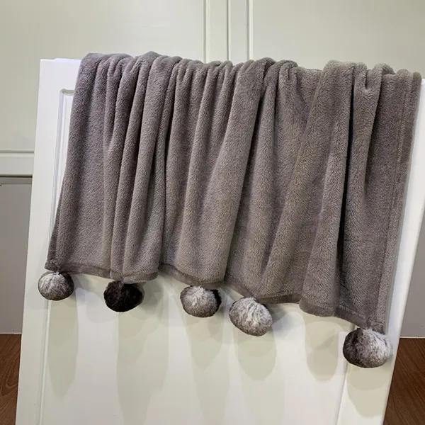 Cute Flannel Plaids with Rabbit Pompons Polyester Blankets
