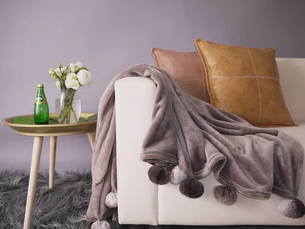 Cute Flannel Plaids with Rabbit Pompons Polyester Blankets