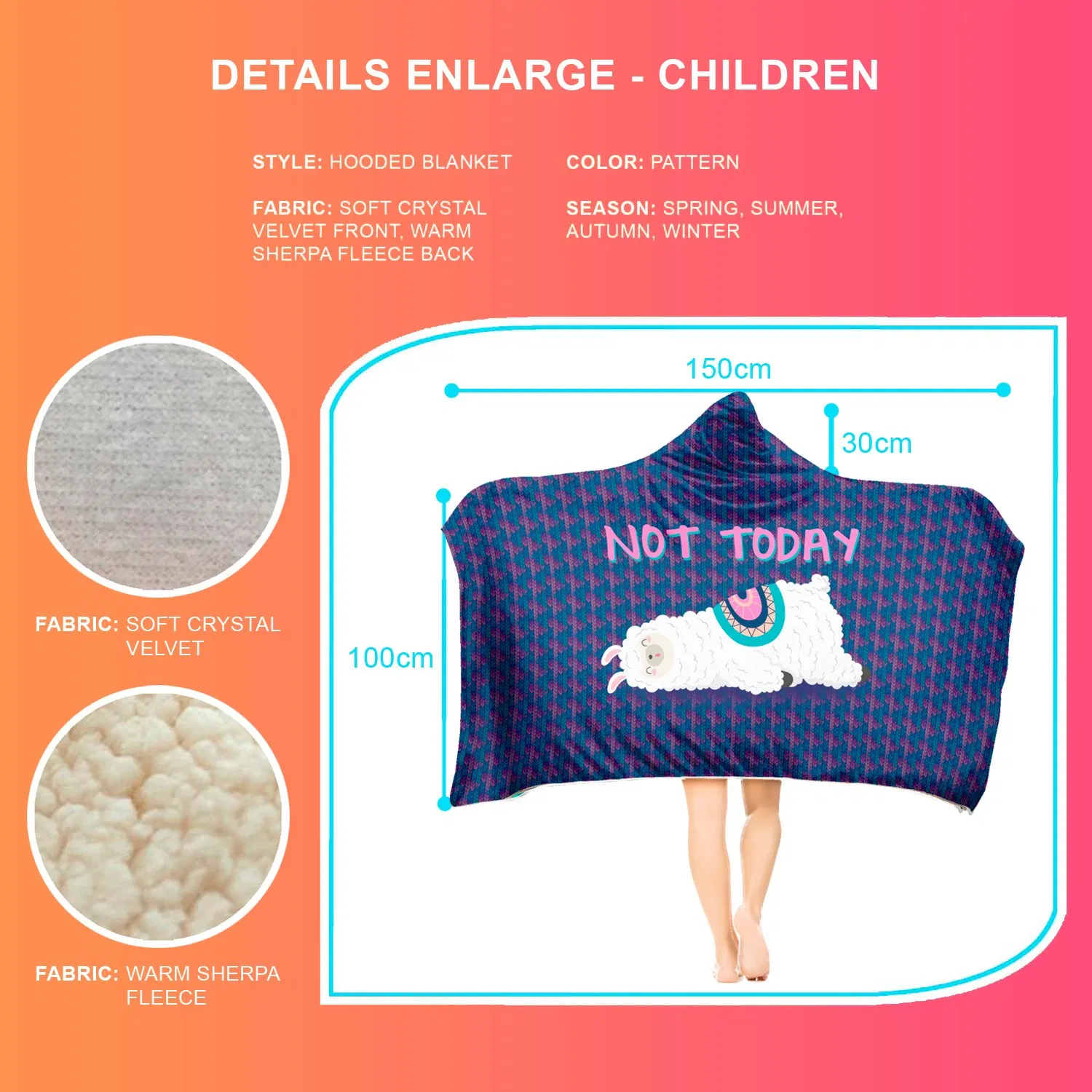 Kids Warm Sweatshirt Llama Four Season Anti-Wind Hooded with Berber Fleece Hoodie Blanket