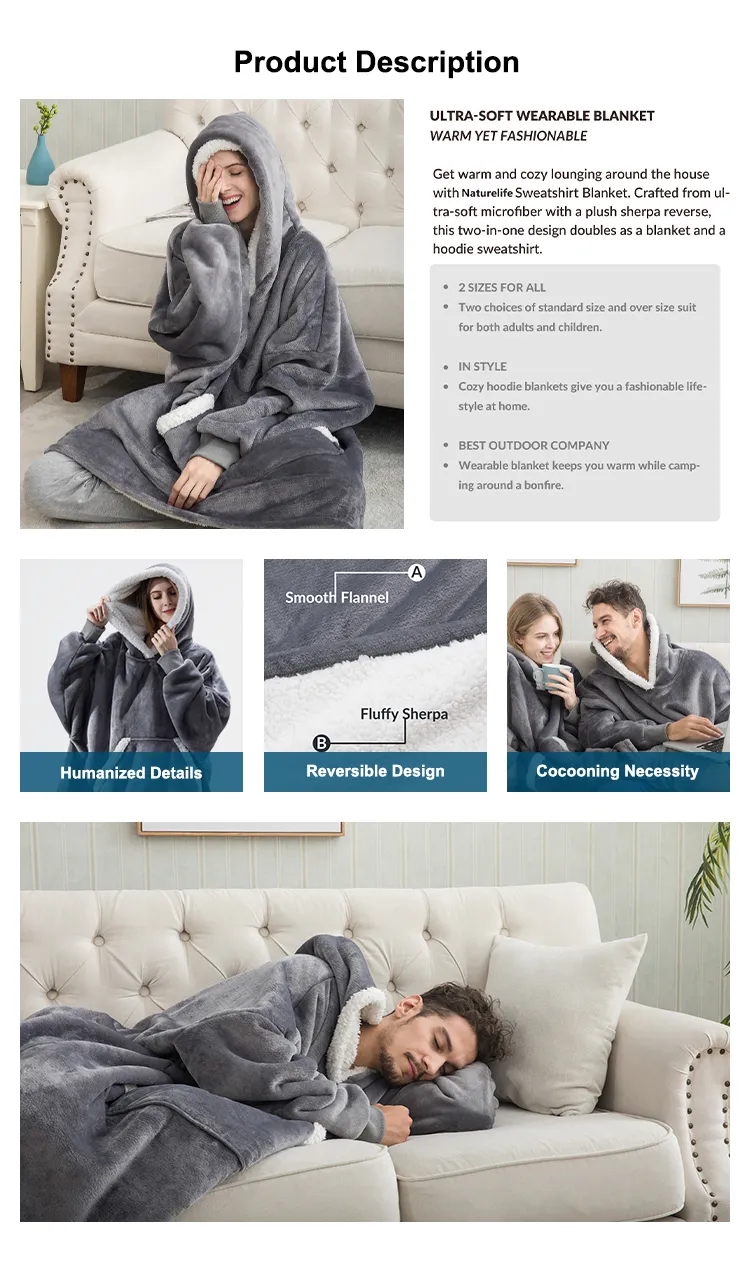 Ultimate Warming Comfy Winter Woolen Receiving Grey Adult Oversized Wearable Hooded Sweatshirt Hoodie Blanket