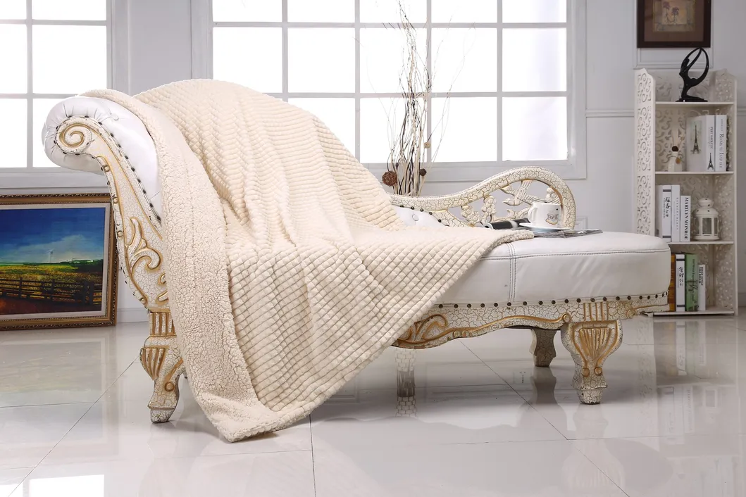 Waffle Fluffy Sherpa Velvet Blanket for Couch & Beds Reversible & All Seasons Ivory