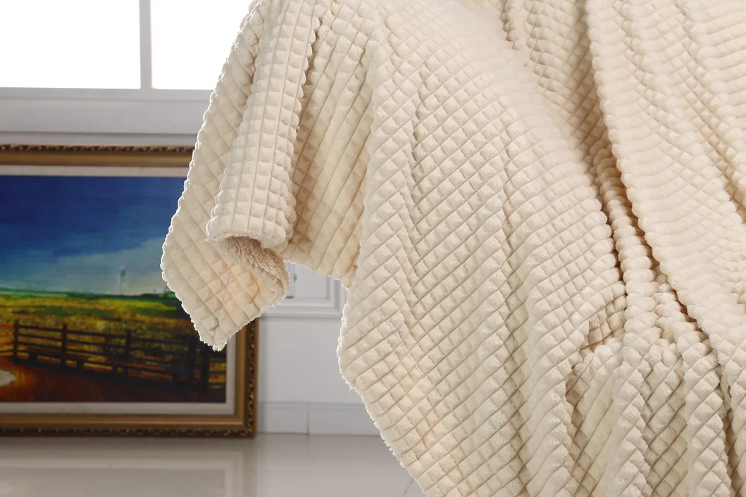Waffle Fluffy Sherpa Velvet Blanket for Couch & Beds Reversible & All Seasons Ivory