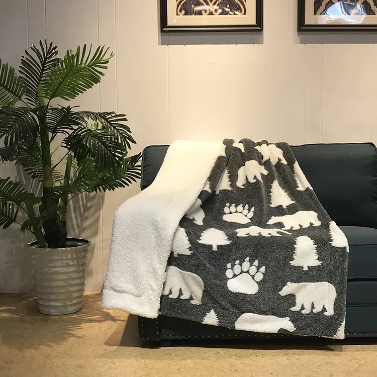 Warm and Comfortable Sofa Blanket of Bear Reversible Sherpa Melange Fluffy Fleece Blanket