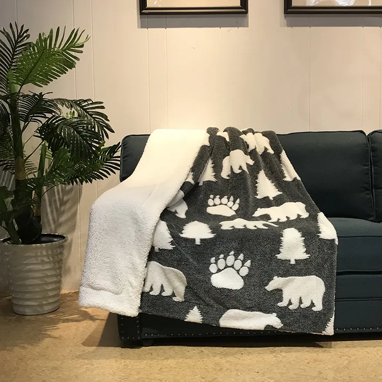Warm and Comfortable Sofa Blanket of Bear Reversible Sherpa Melange Fluffy Fleece Blanket