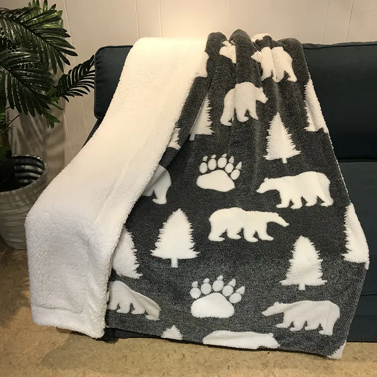 Warm and Comfortable Sofa Blanket of Bear Reversible Sherpa Melange Fluffy Fleece Blanket